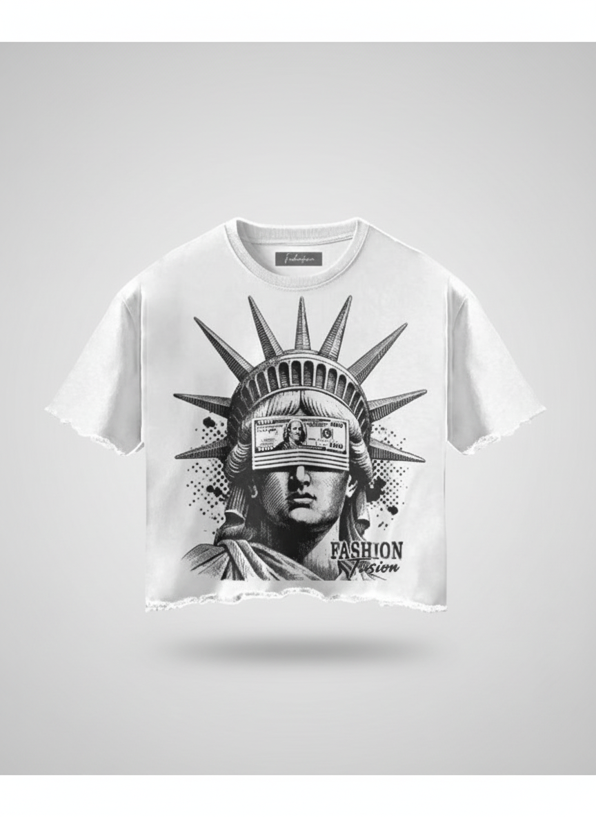 Money Vision Liberty streetwear graphic tee with Statue of liberty and money design by Fashion Fusion.